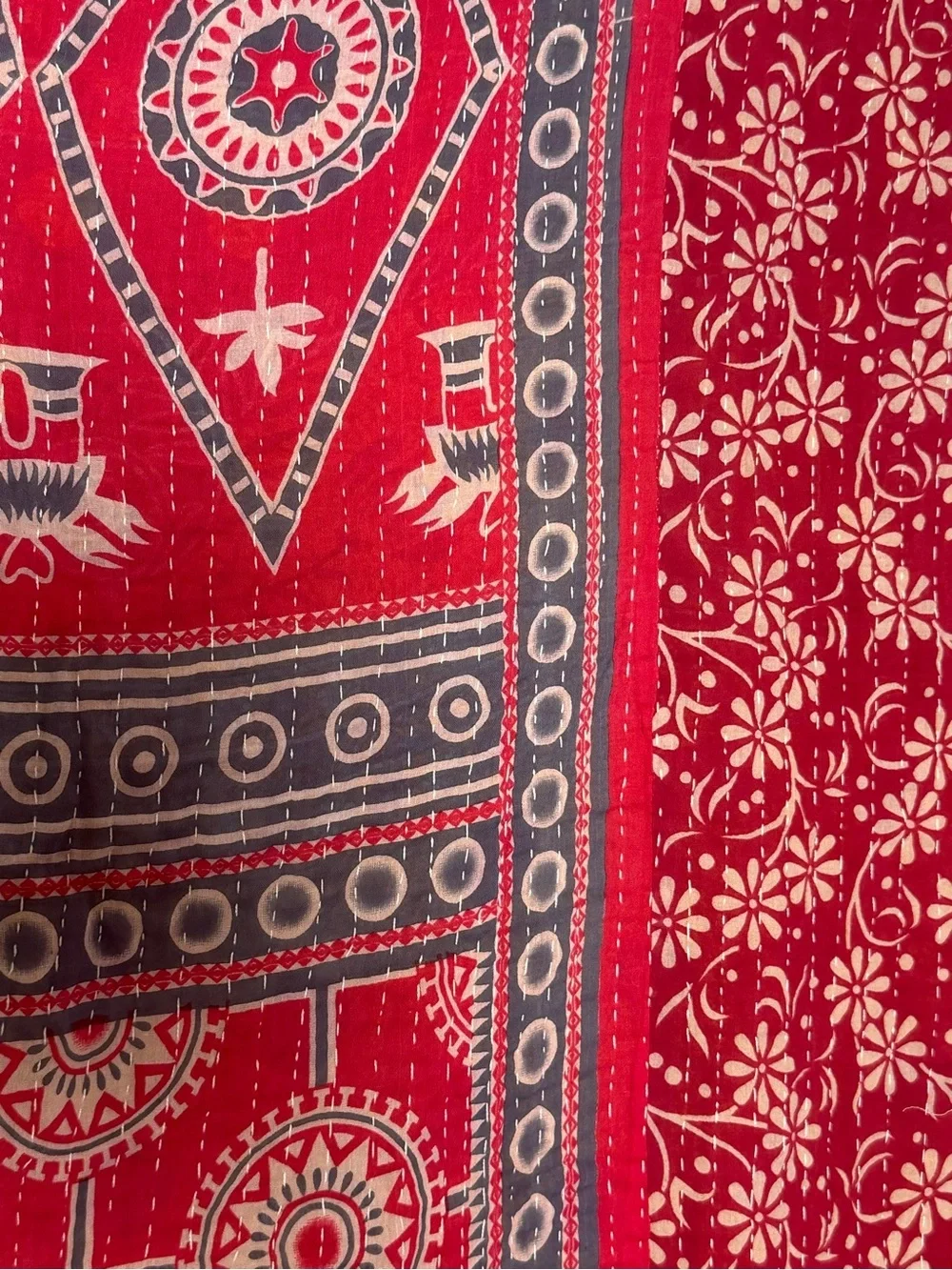 Vintage Handmade Printed Kantha Quilt India Sari Throw Blanket Twin 52x80